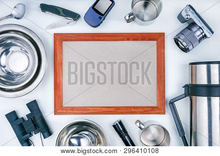 Equipment For Hiking, For Trekking With Frame. Top Vire. Traveler Tourism Concept.