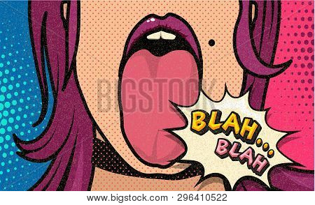 Blah, Blah! Pop Art Funny Comic Sexy Girl. Fashionable Poster And Banner. Social Media Connecting Bl