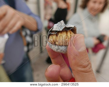 Typical Street Food In Lisbon Portugal,roasted Chestnut Castanhas Assadas
