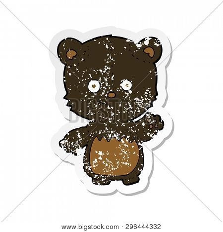 retro distressed sticker of a cartoon black bearcub waving