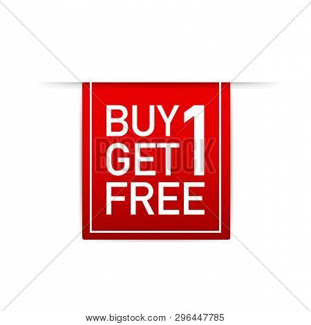Red Ribbon Buy 1 Get 1 Free, Sale Tag, Banner Design Template. Vector Stock Illustration.