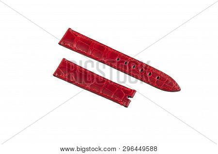 Red, Leather Watchband Stitched At The Edges, Isolated On White Background.
