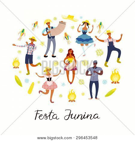 Festa Junina Poster With Dancing People, Musicians, Lanterns, Bonfire, Portuguese Text. Isolated Obj