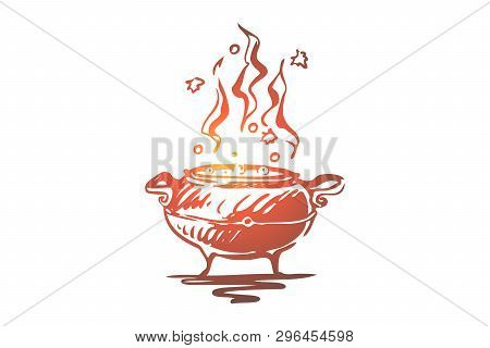 Pot, Poison, Halloween, Potion, Holiday Concept. Hand Drawn Preparation Of Magic Potion Concept Sket
