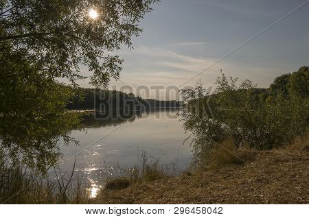 Wide River Flowing Across Green Forest. Fall. Evening. Reflections Of Sun In The Water