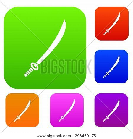 Katana Set Icon Color In Flat Style Isolated On White. Collection Sings Illustration