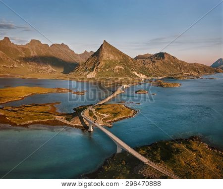 Aerial View Of Norway Landscape, Fredvang Bridge At The Lofoten Islands At The Sunset