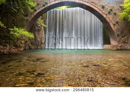 Stunning Spring Landscape.paleokarya, Old, Stone, Arched Bridge, Between Two Waterfalls. Trikala Pre