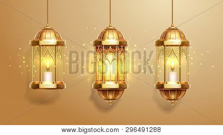 Set Of Isolated Eastern Lanterns. Arab Fanous Or Vintage Fanoos, Antique Glowing Lamp With Candle Or