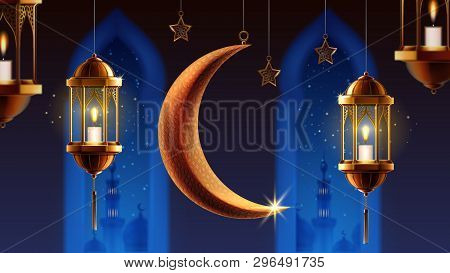 Fanous With Candle And Night Crescent With Stars, Eid Mubarak Greeting On Card Background. Mosque Wi