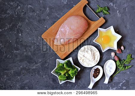 Ngredients For Cooking Chopped Chicken Cutlets Or Rissole With Broccoli: Raw Chicken, Broccoli, Whea