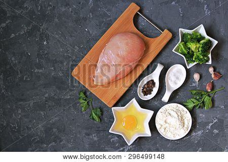 Ngredients For Cooking Chopped Chicken Cutlets Or Rissole With Broccoli: Raw Chicken, Broccoli, Whea