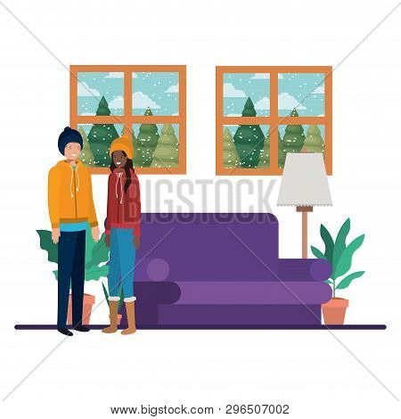 Couple Living Room With View The Landscape By Window Vector Illustration Desing