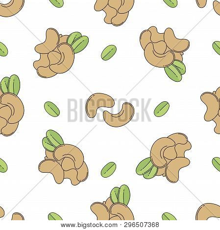 Cashew Nuts Colored Isolated Seamless Pattern On White Background.