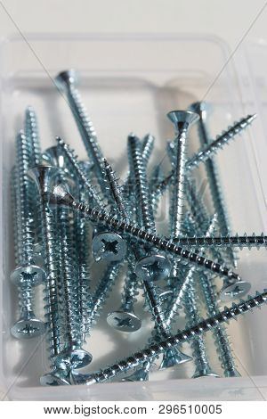 Screw Close-up Macro Photo, White Background, Metal Steel Screw,