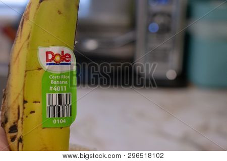 London Canada, April 20 2019: Editorial Illustrative Photo Of A Banana Peel That Has A Dole Sticker 