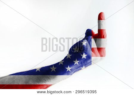 Mature American Flag Painted Male Hand Shows Sign