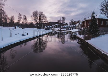 Winter Morning By The River In Forssa Finland With Calm Water