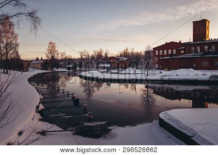 Winter Morning With Sunrise At The Old Spinning Mill By The River In Forssa Finland