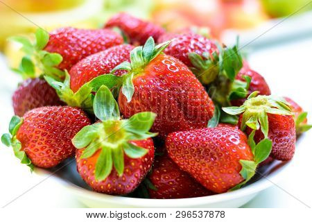 Beautiful Red Strawberry. Heap Of Fresh Strawberries In Ceramic Bowl On A Rustic White Background On