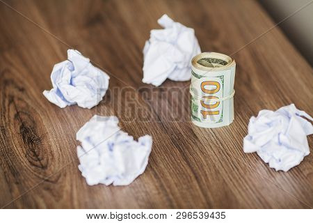 Great Idea Concept. Crumpled Colorful Paper On Wooden Table