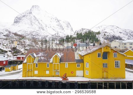 Nussfjord village, Lofoten Islands. Norway`s historic fishing village on the water, Europe
