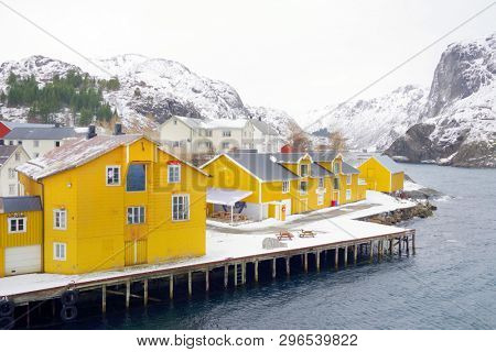 Nussfjord village, Lofoten Islands. Norway`s historic fishing village on the water, Europe