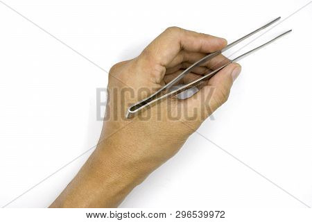 A Male Hand Holding Tweezers, Medical Pinsetter, Man Hand  Isolated On White Background