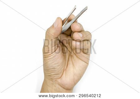 A Male Hand Holding Tweezers, Medical Pinsetter, Man Hand  Isolated On White Background