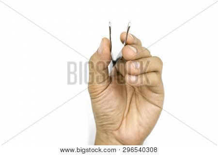 A Male Hand Holding Tweezers, Medical Pinsetter, Man Hand  Isolated On White Background