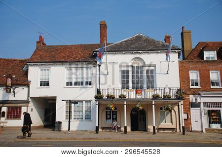 TENTERDEN, ENGLAND - APRIL 17, 2019: The historic Town Hall in the Kent town of Tenterden. The High Street building dates from 1790.