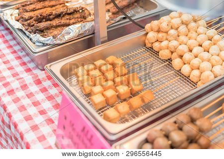 Skewers Of Fried Meatballs, Shrimp Balls, Fish Balls