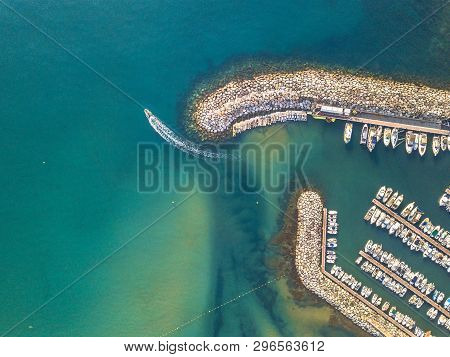 Marina Top Down Aerial View Boat Sailing Off