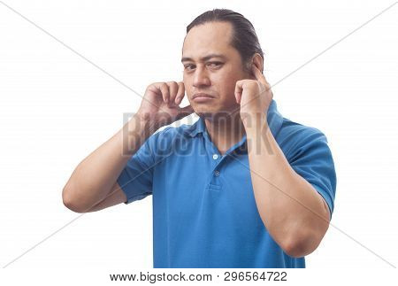 Portrait Of Young Asian Man Closing His Eyeas And Ears Dont Want Or Avoiding To Hear Bad News, Stres
