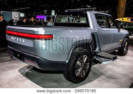 NEW YORK, NY, USA - APRIL 17, 2019: Rivian R1T Pickup truck is an all electric vehicle shown at the New York International Auto Show 2019, at the Jacob Javits Center. Press Preview Day One of NYIAS
