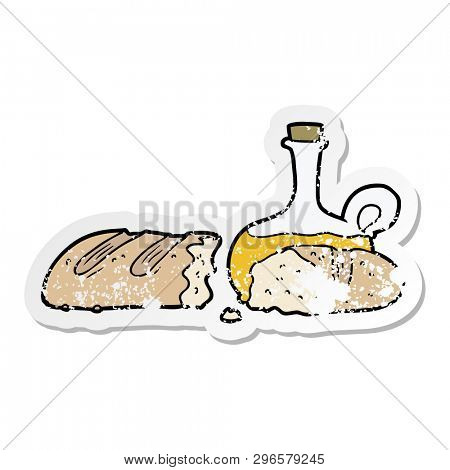 distressed sticker of a bread and oil cartoon