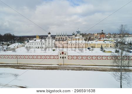 The Old Tikhvin  Uspensky Monastery In The March Afternoon (shooting From The Quadcopter). Tikhvin, 