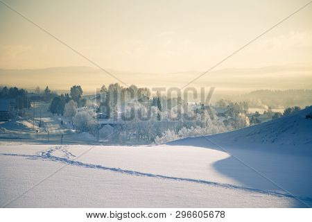 A Beautiful Evening Scenery Of A Small Norwegian Town Roros In Winter. Sunset Scenery In Norway. Sca