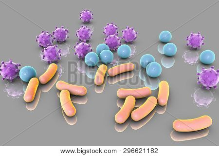Bacteria And Viruses On Surface, Model Of Mers, Hiv, Influenza Virus, Staphylococcus Aureus And Othe