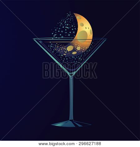 Nigth Party Poster With Cocktail. Moon In A Glass. Romantic Date Background. Illustration For A Loun