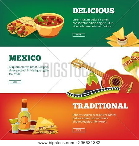 Mexican Food Banners. National Traditional Cuisine Mexico Quesadillas Tequila Salsa Sauce Chilli Pan