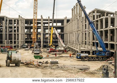 Sibiu, Romania - April 20, 2019. Cranes At The Mall Festival Centrum Building Site