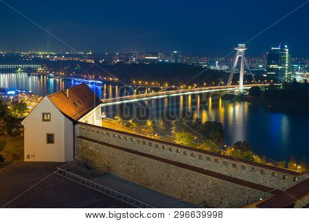 Bratislava, Slovakia - October 07,2018: Night View From The Bratislava Castle On The Danube River An
