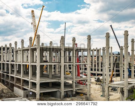 Sibiu, Romania - April 20, 2019. Workers At The Mall Festival Centrum Building Site
