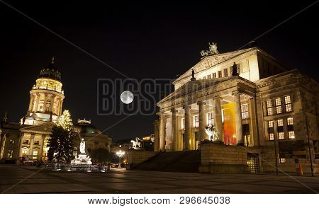 Gendarmenmarkt Square With German Cathedral And Konzerthaus Building At Night, Berlin, Germany