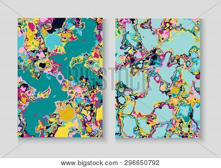 Fluid Paint Marble Vector Background Set. Granite, Pebble Frame. Terrazzo Teal Textured Organic Cove