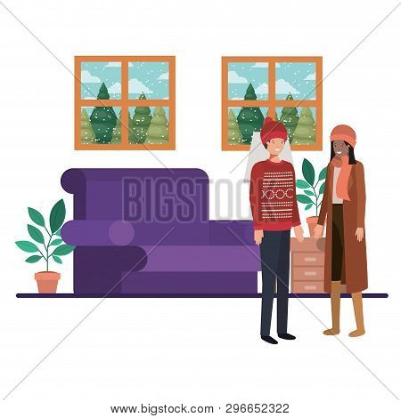 Couple Living Room With View The Landscape By Window Vector Illustration Desing