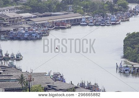 Fishing Boats Parked In Tha Taphao River Access To The Sea At Mutsea Mountain Viewpoint In Chumphon 