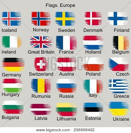 Flags Of Europe. Switzerland, Sweden, Denmark, France, Great Britain, Poland, Ukraine, Russia Etc.