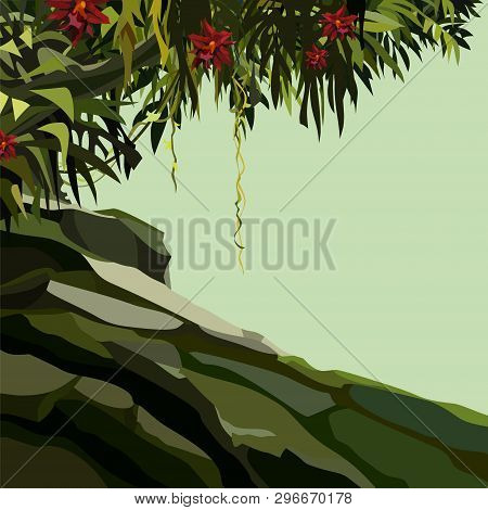Background With Rocky Slope With Tropical Plants